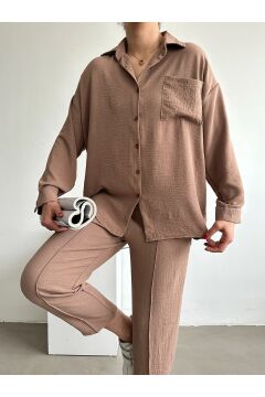 Kadın Oversize Keten Gömlek Pantolon Alt Üst Takım