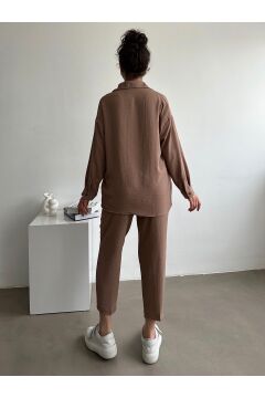 Kadın Oversize Keten Gömlek Pantolon Alt Üst Takım