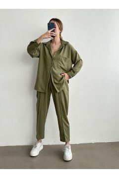 Kadın Oversize Keten Gömlek Pantolon Alt Üst Takım