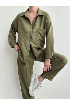 Kadın Oversize Keten Gömlek Pantolon Alt Üst Takım