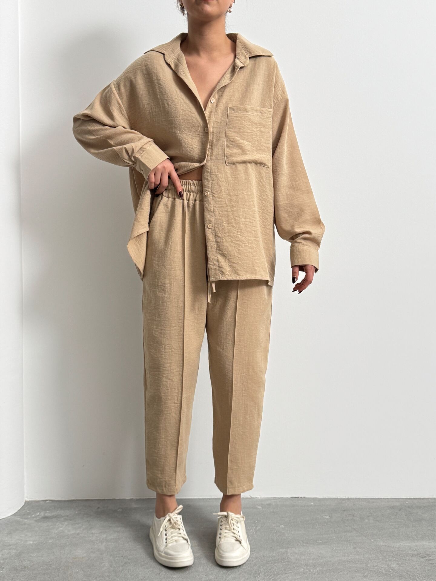 Kadın Oversize Keten Gömlek Pantolon Alt Üst Takım Bej - S