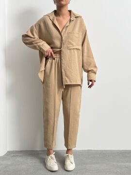 Kadın Oversize Keten Gömlek Pantolon Alt Üst Takım Bej - S