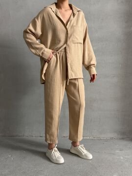 Kadın Oversize Keten Gömlek Pantolon Alt Üst Takım Bej - S