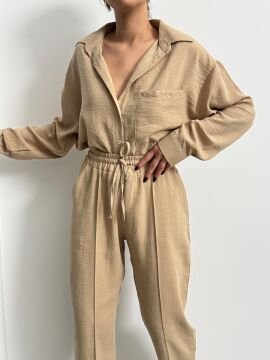 Kadın Oversize Keten Gömlek Pantolon Alt Üst Takım Bej - S