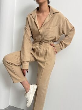 Kadın Oversize Keten Gömlek Pantolon Alt Üst Takım Bej - S
