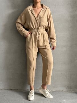 Kadın Oversize Keten Gömlek Pantolon Alt Üst Takım Bej - S