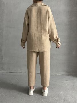 Kadın Oversize Keten Gömlek Pantolon Alt Üst Takım Bej - S
