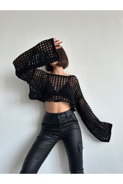 Kadın Siyah Ispanyol Kol Geniş Yaka Ajurlu Delikli Triko Crop Bluz