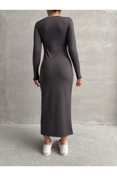 Kadın Bodycon Bisiklet Yaka Uzun Kollu Maxi Elbise