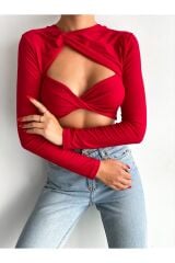 Kadın Kırmızı Düğümlü Dekolte Detaylı Crop Bluz