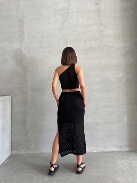 Kadın Ajurlu Yazlık Triko Crop Etek Takım