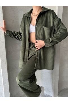 Kadın Fitilli Kadife Alt Üst Gömlek Takım Haki - L