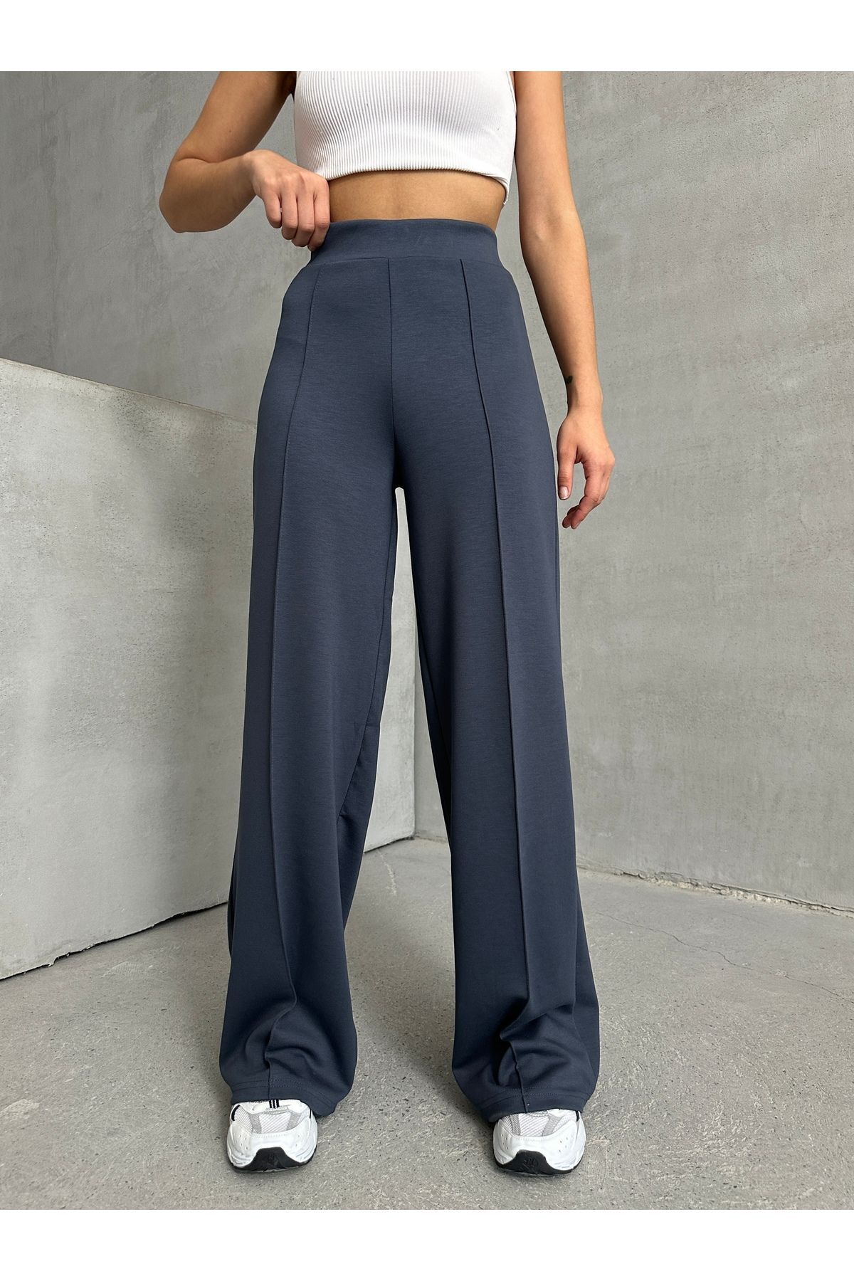 Kadın Nervürlü Modal Dokulu Wide Leg Uzun Pantolon