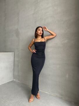 Kadın Askılı Drape Detaylı Esnek Uzun Elbise