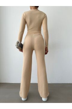 Kadın Bej Crop Hırka Palazzo Pantolon Takım