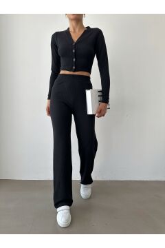 Kadın Bej Crop Hırka Palazzo Pantolon Takım