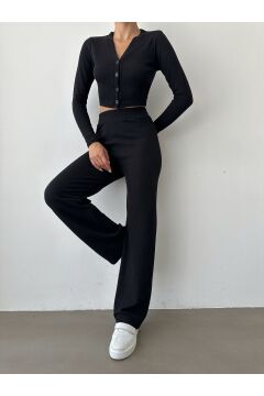 Kadın Bej Crop Hırka Palazzo Pantolon Takım