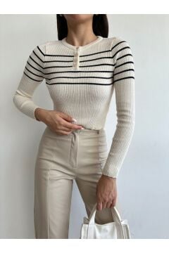 Kadın Yaka Düğmeli Triko Crop Bluz