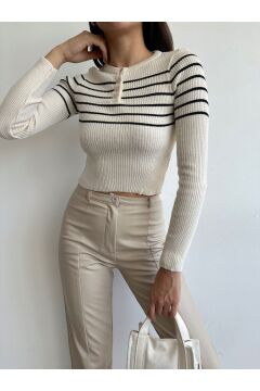 Kadın Yaka Düğmeli Triko Crop Bluz