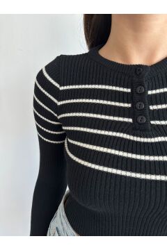 Kadın Yaka Düğmeli Triko Crop Bluz