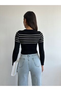 Kadın Yaka Düğmeli Triko Crop Bluz
