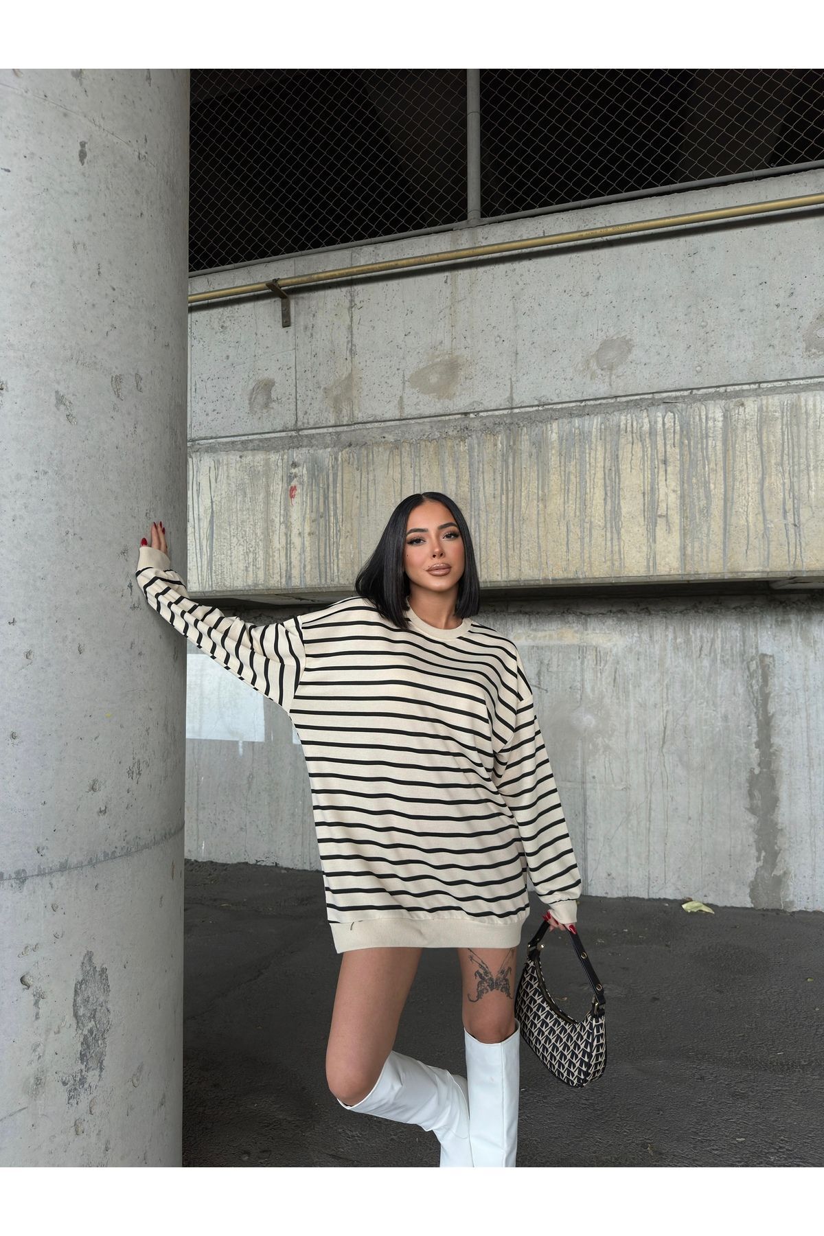 Kadın Çizgili Oversize Sweatshirt