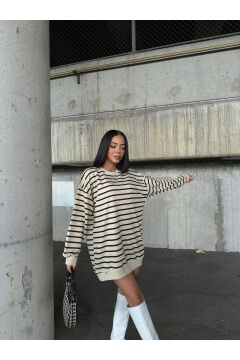 Kadın Çizgili Oversize Sweatshirt Siyah-Bej - M