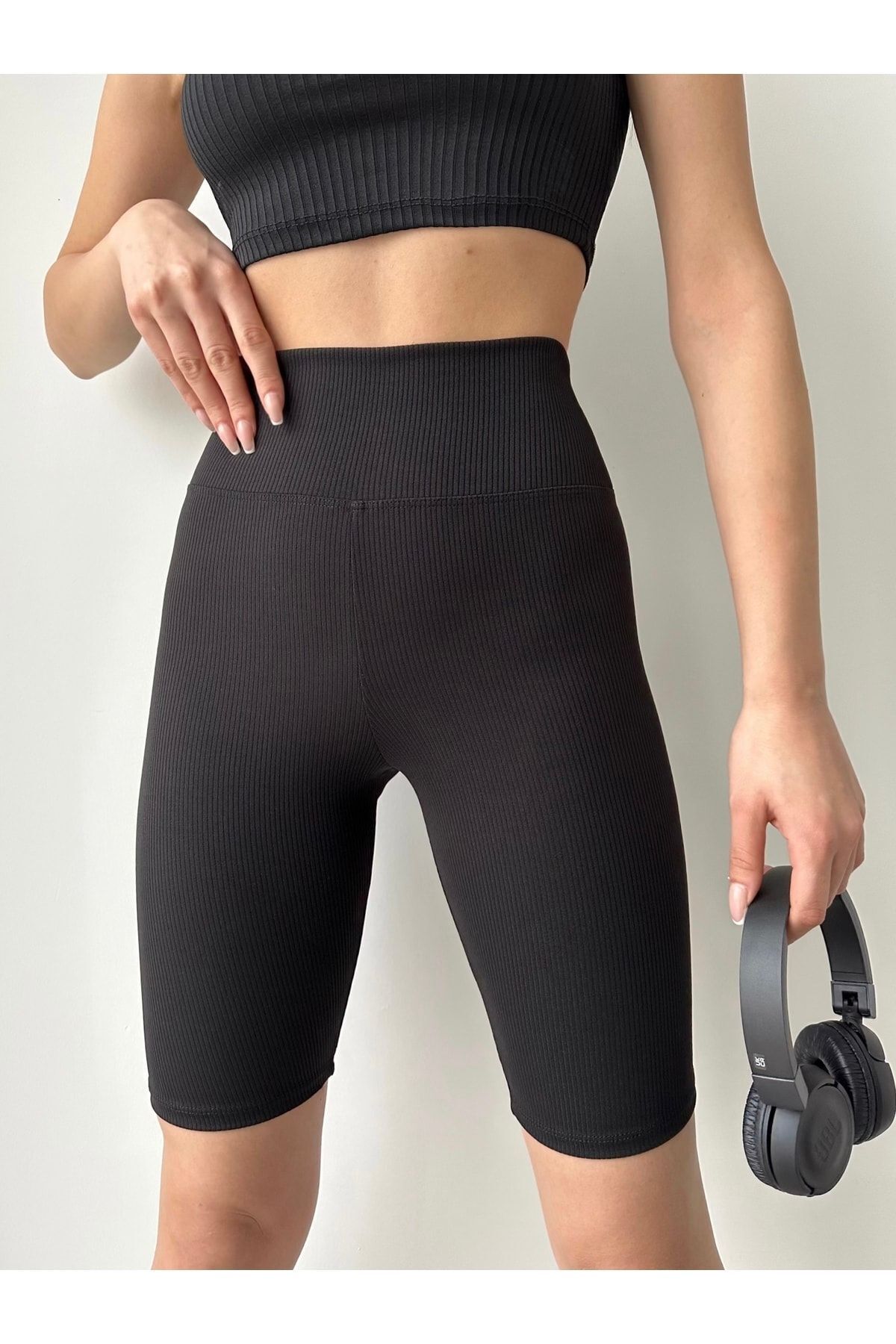 Kadın Yüksek Bel Fitilli Toparlayıcı Kısa Spor Tayt